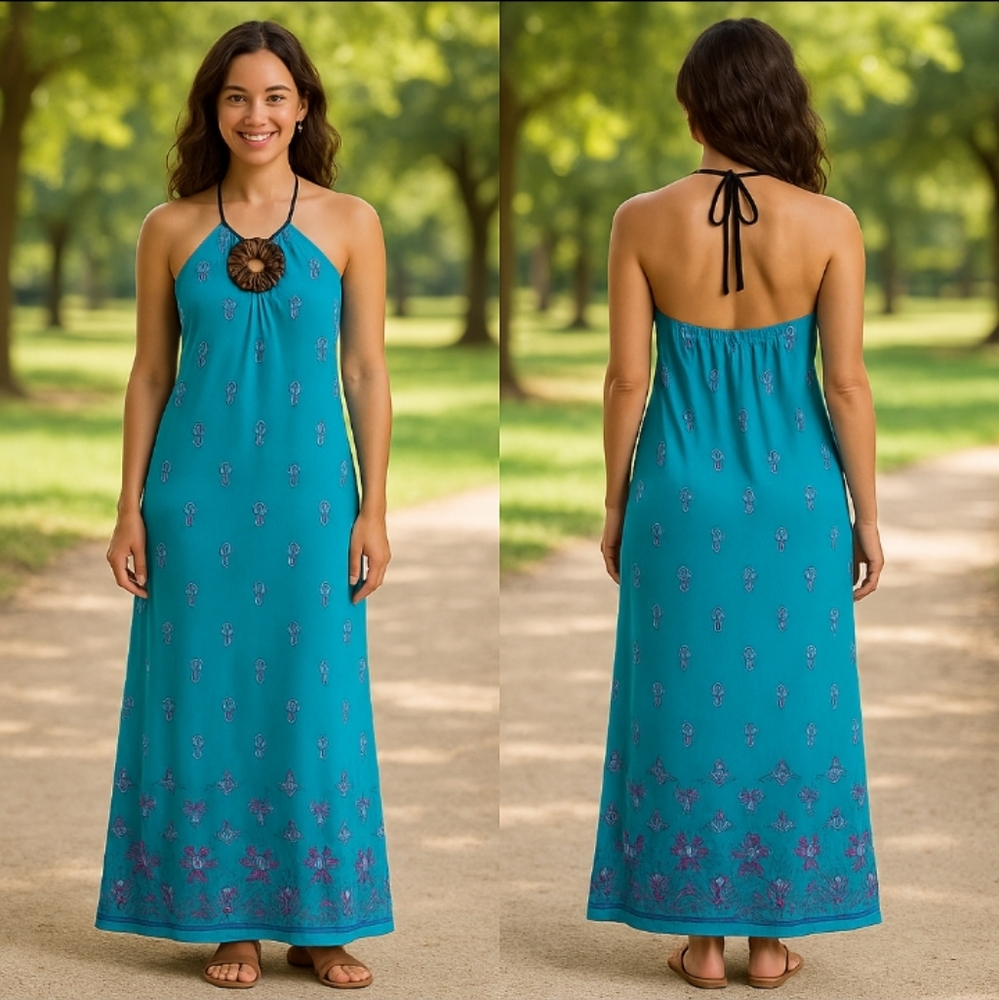 Ester Women's Maxi Blue Floral Sun Dress L Strapless L‎